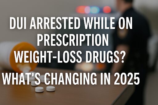Prescription weight-loss drugs and DUI arrest concept image showing pills on table and police officer in background.