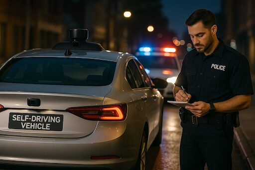 Police officer writes report beside self-driving car during nighttime DUI stop in Tennessee, 2025.
