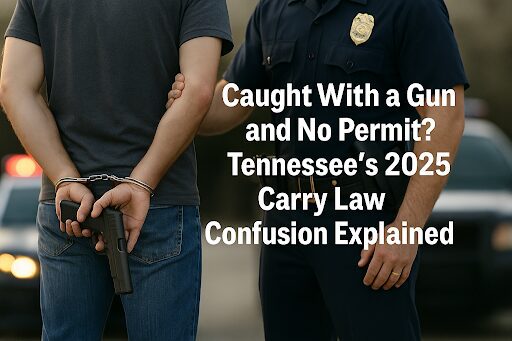 Police officer arresting a man carrying a handgun without a permit under Tennessee’s 2025 carry law.
