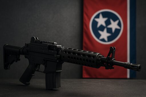 Modern black machine gun with Tennessee state flag in background, representing 2025 law reclassifying possession as a Class C felony.