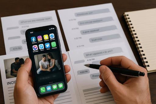 digital-evidence-text-messages-social-media-sexual-battery-chattanooga A smartphone and printed message records being reviewed as digital evidence in a sexual battery investigation